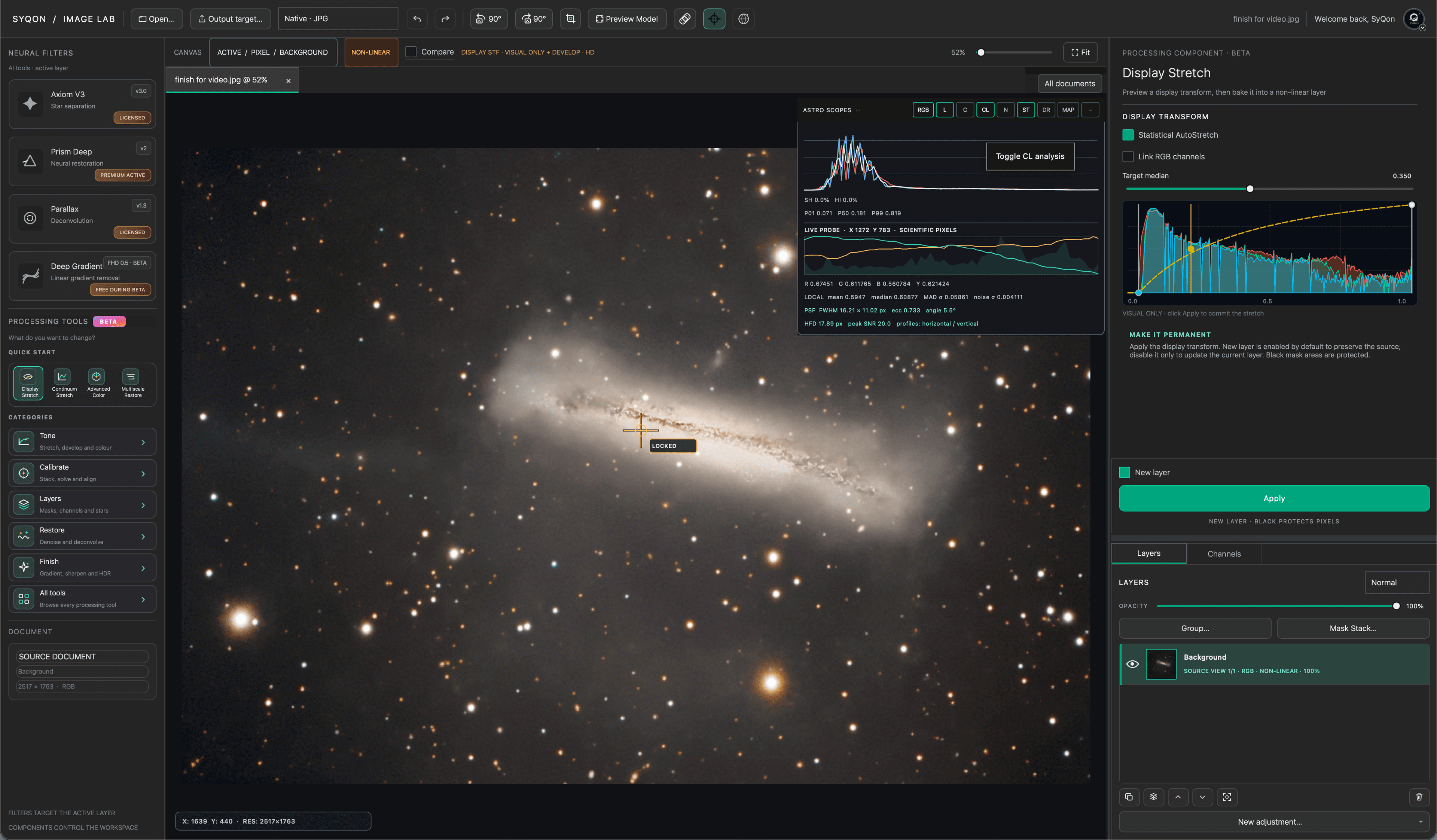 The SyQon Studio workspace with an astronomical image, processing controls and the layer stack